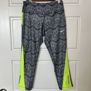 Nike Dri Fit Cropped Running Leggings Geometric Pattern Gray Neon Size XS